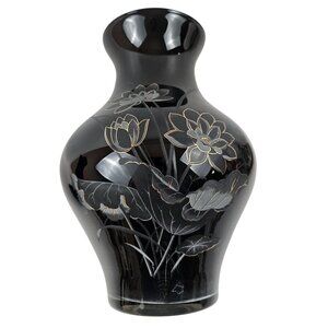 Black Painted Glass Vase Etched Lotus Floral Gold Detail Asian Art Style 10in